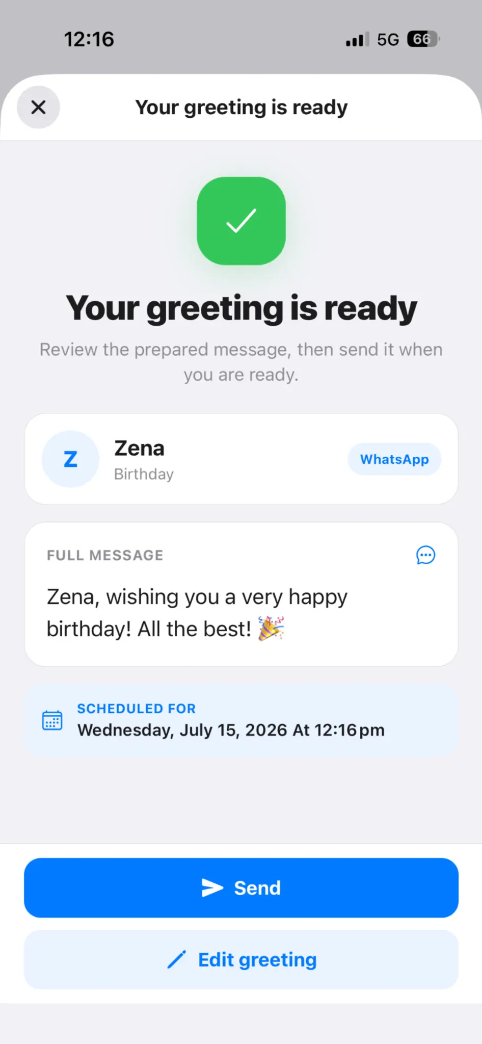 Your greeting is ready. Review and personalize it before sending.